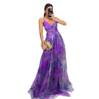 Women's Floral Strappy Maxi Dress – V-Neck Flowing Evening Gown