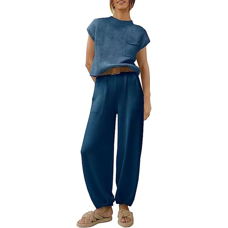 Women's Crew Neck Pants Set – Short Sleeve Top & High Waist Trousers