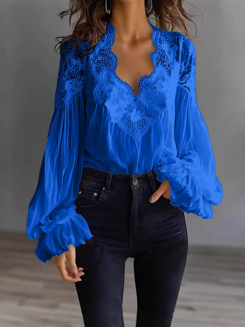 Women's Lace Blouse with Ruffle Sleeves and Flowing Fit