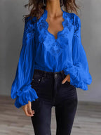 Women's Lace Blouse with Ruffle Sleeves and Flowing Fit