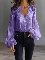 Women's Lace Blouse with Ruffle Sleeves and Flowing Fit