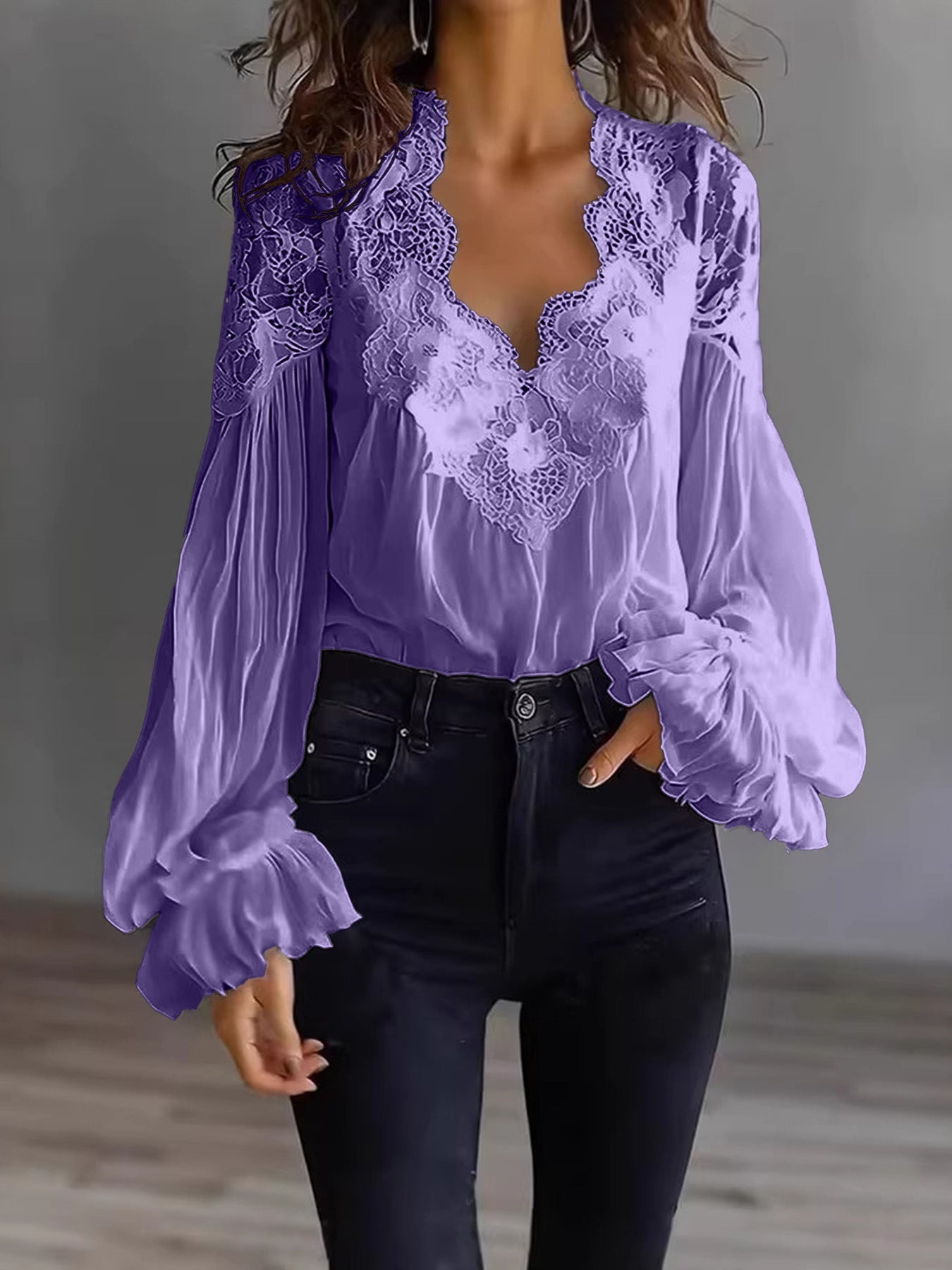 Women's Lace Blouse with Ruffle Sleeves and Flowing Fit