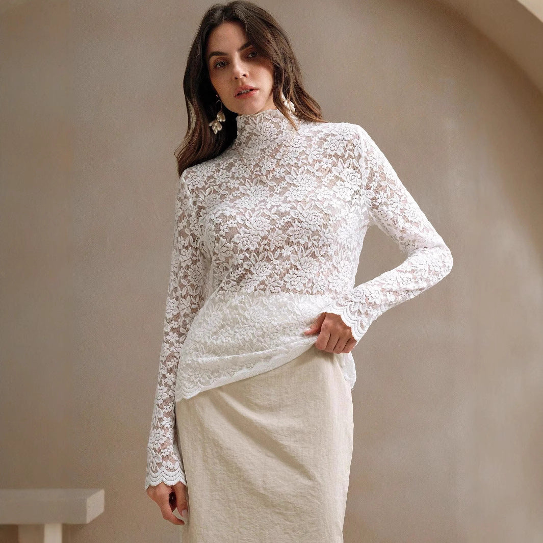 Women's Floral High Neck Bodysuit – Sheer Lace Long Sleeve Bodysuit