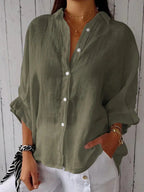 Women's Loose Fit Blouse with Roll-Up Sleeves and Classic Collar