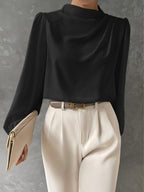 Women's Long Sleeve Blouse with Relaxed Fit and Draped Design