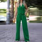 Women's V-Neck Waistcoat Pants Set – Sleeveless Vest & Wide Leg Trousers