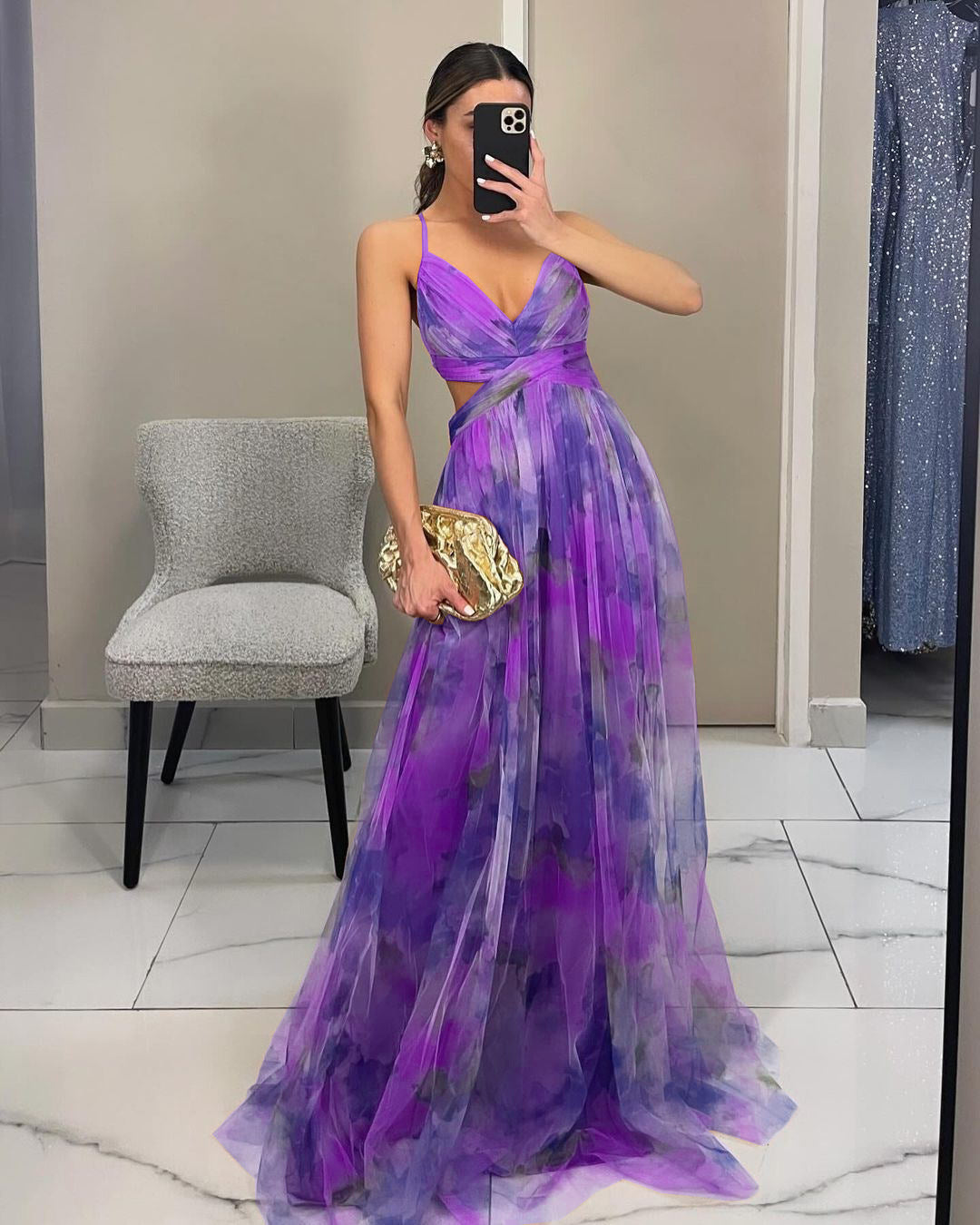 Women's Floral Strappy Maxi Dress – V-Neck Flowing Evening Gown