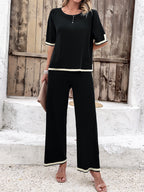Women's Wide Leg Loungewear Set – Relaxed Top Split Hem Pants Set