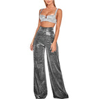 Women's High Waist Glitter Trousers – Straight Leg Side Slit Party Pants