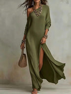 Women's One Shoulder Wedding Guest Dress – Flowy Side Slit Formal Dress