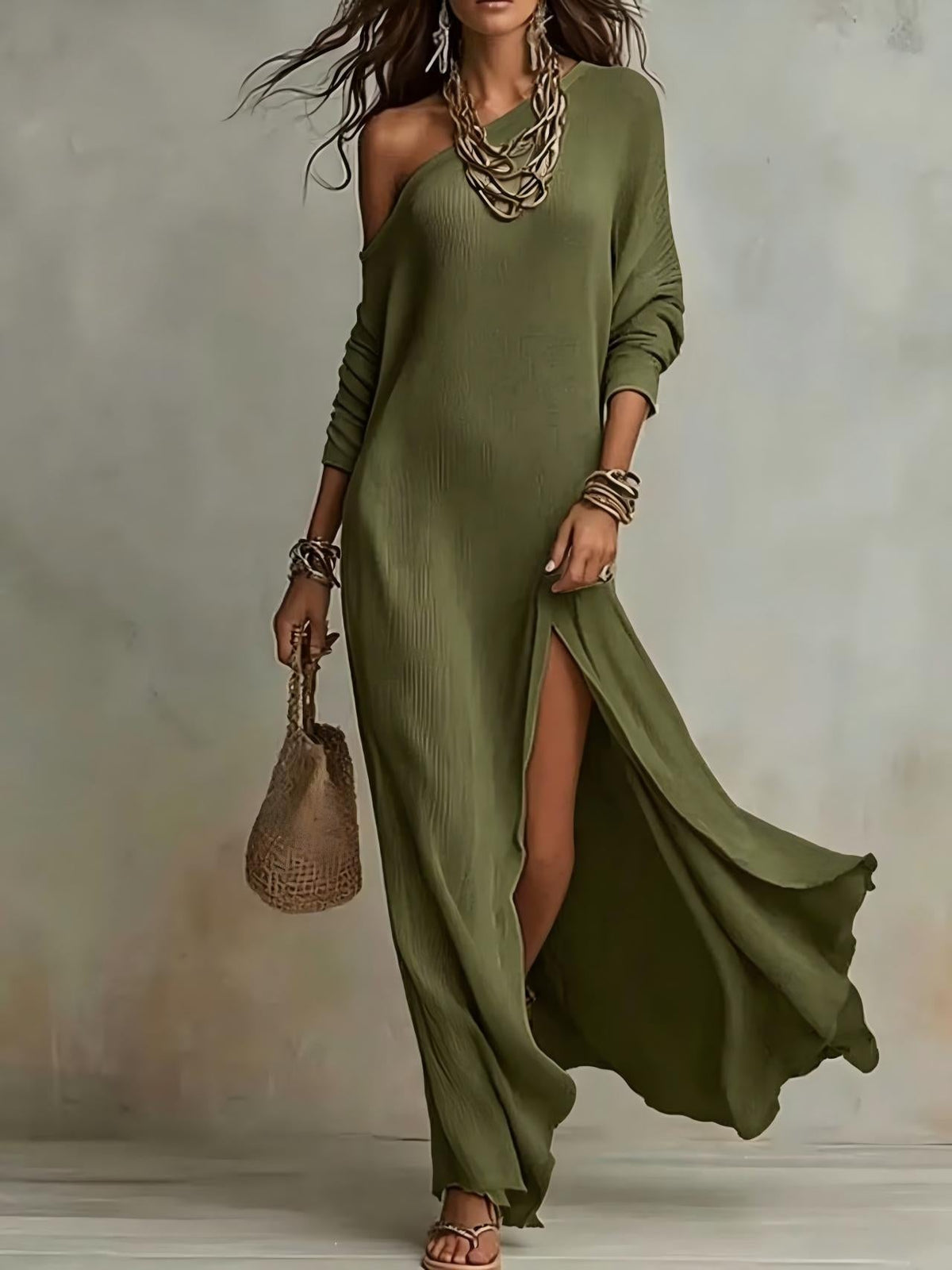 Women's One Shoulder Wedding Guest Dress – Flowy Side Slit Formal Dress