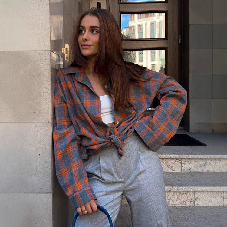 Women's Plaid Oversized Blouse – Relaxed Collared Button Front Shirt