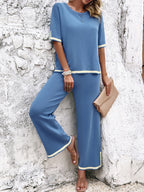 Women's Wide Leg Loungewear Set – Relaxed Top Split Hem Pants Set
