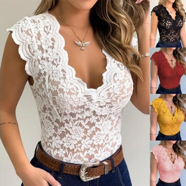 Women's Ruffle Lace Bodysuit – Plunging V-Neck Statement Sleeve Bodysuit