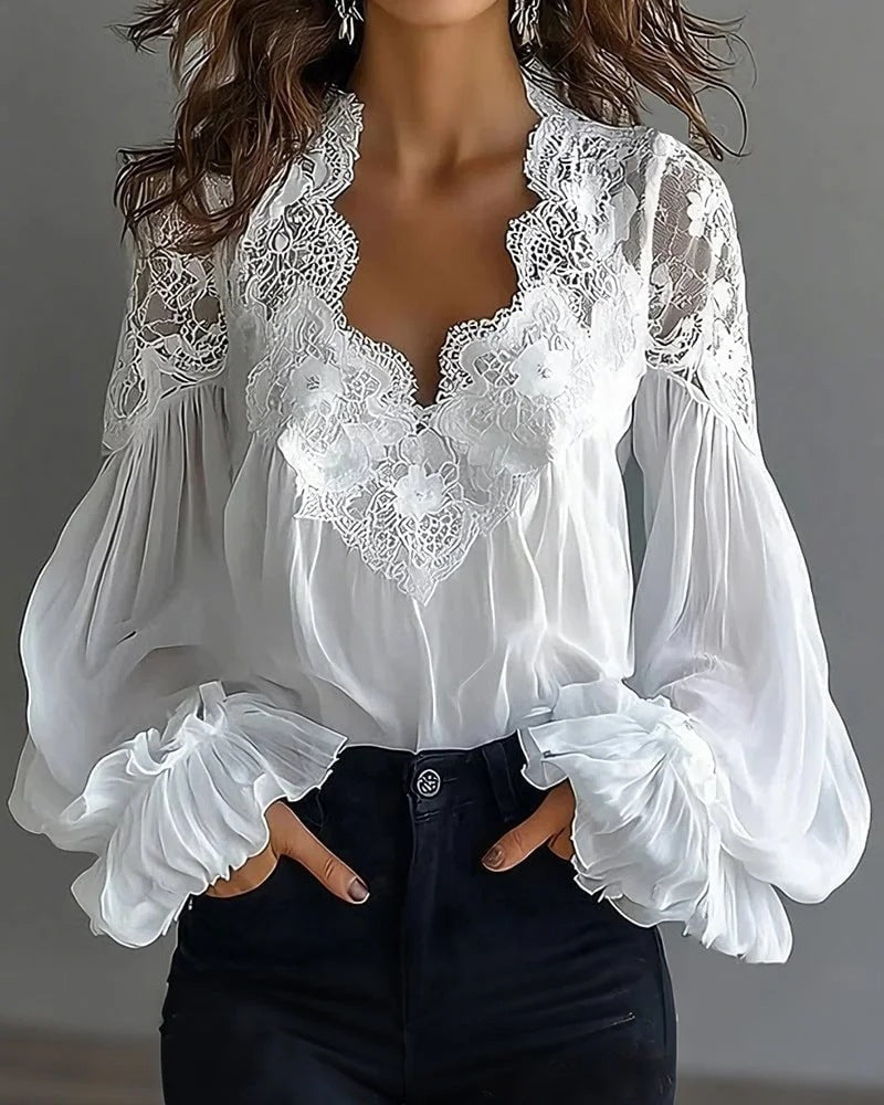 Women's Lace Blouse with Ruffle Sleeves and Flowing Fit