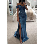 Women's Sequin Off-Shoulder Gown – Sparkle Side Slit Evening Dress