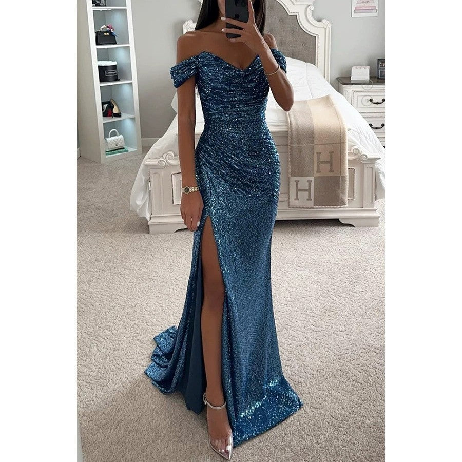 Women's Sequin Off-Shoulder Gown – Sparkle Side Slit Evening Dress