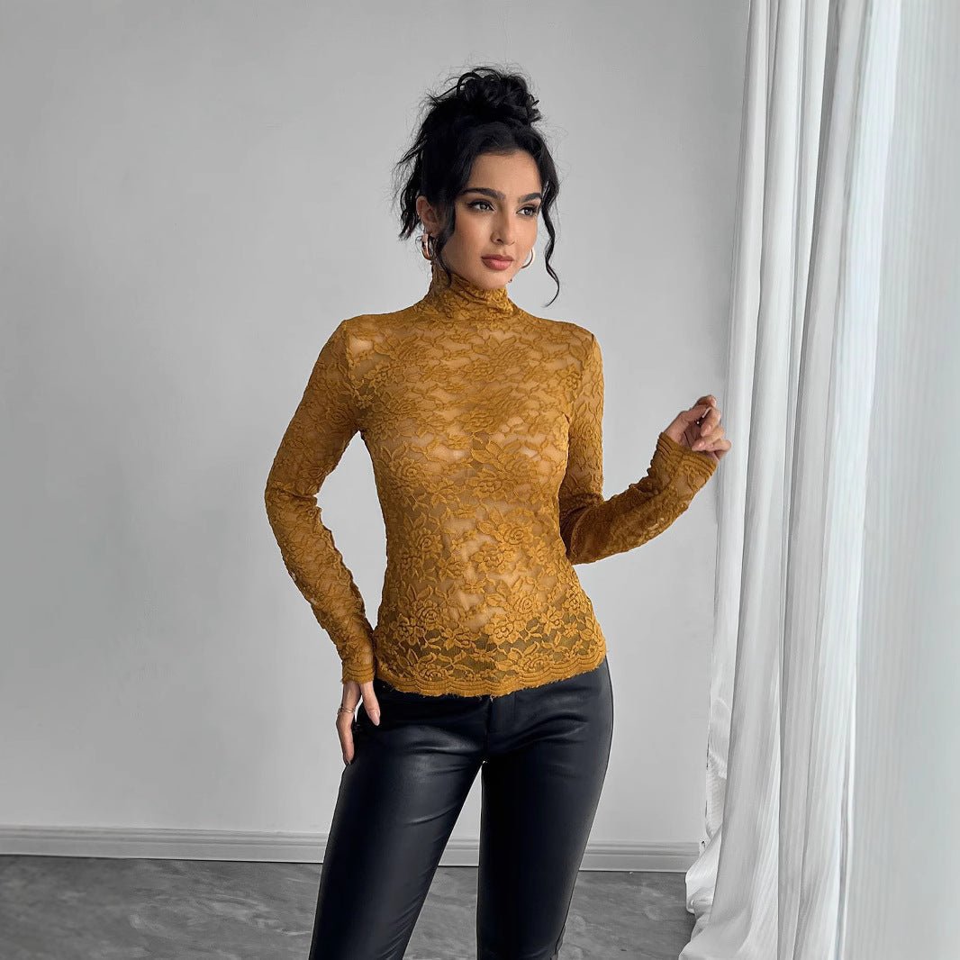 Women's Floral High Neck Bodysuit – Sheer Lace Long Sleeve Bodysuit