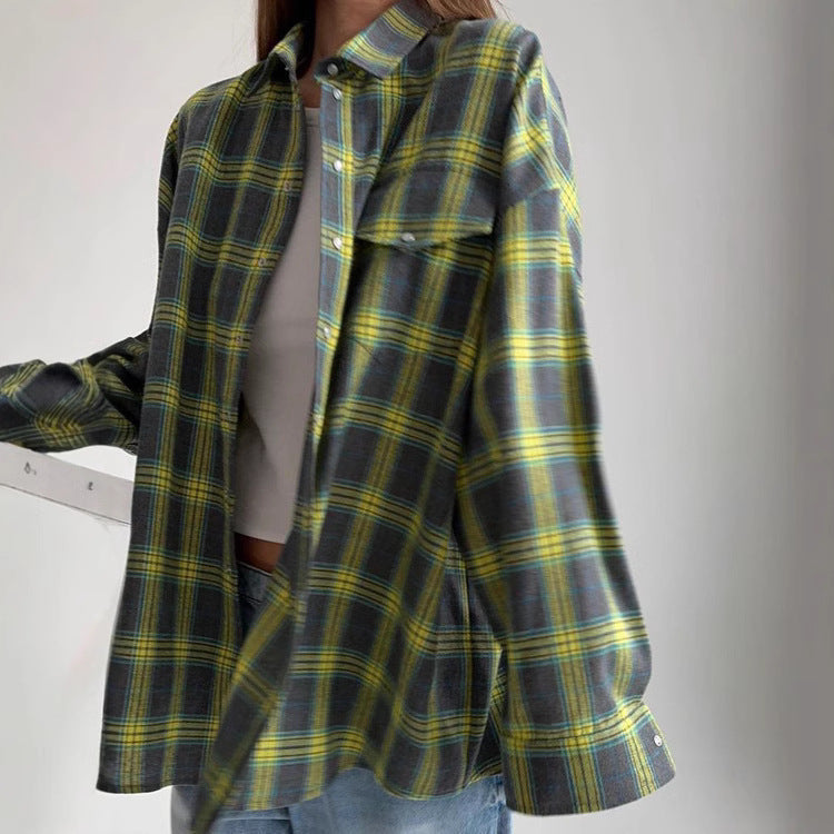 Women's Plaid Oversized Blouse – Relaxed Collared Button Front Shirt