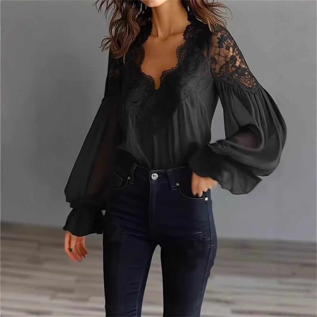 Women's Lace Blouse with Ruffle Sleeves and Flowing Fit