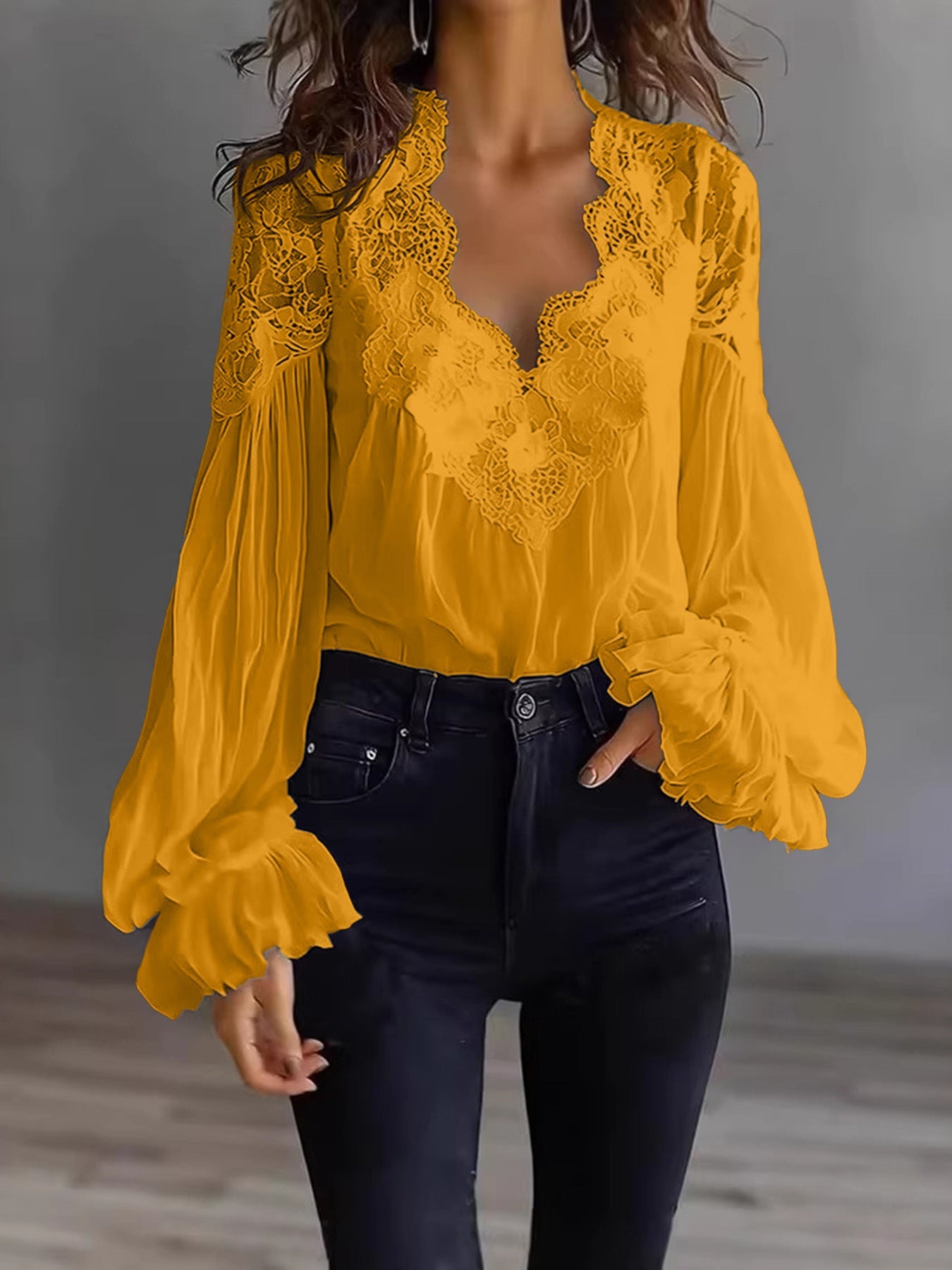 Women's Lace Blouse with Ruffle Sleeves and Flowing Fit