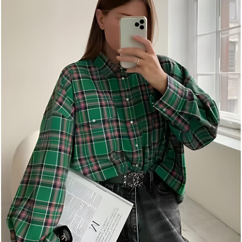 Women's Plaid Oversized Blouse – Relaxed Collared Button Front Shirt