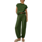 Women's Crew Neck Pants Set – Short Sleeve Top & High Waist Trousers