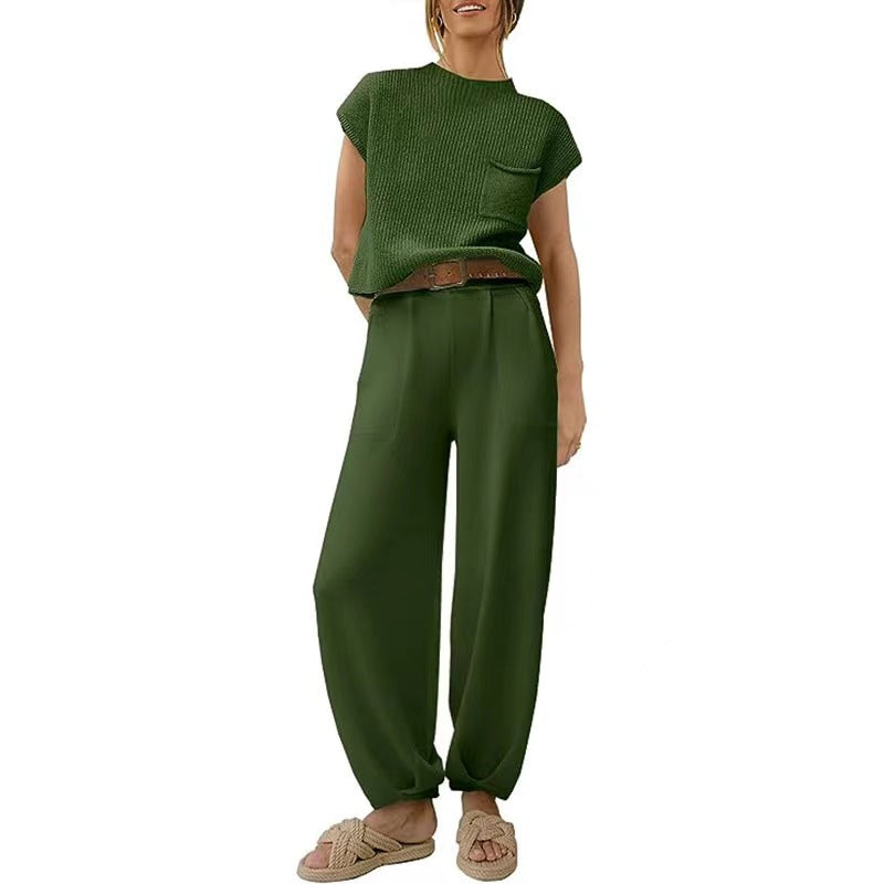 Women's Crew Neck Pants Set – Short Sleeve Top & High Waist Trousers