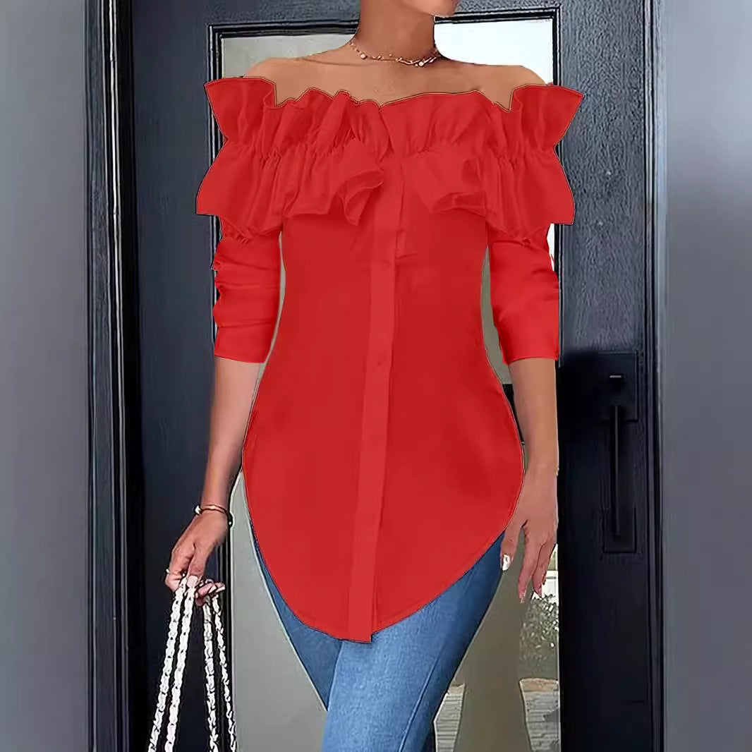 Women's Ruffled Off-Shoulder Blouse – Three-Quarter Sleeve Button Blouse
