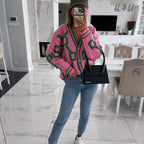 Women's Geometric Pattern Cardigan – Oversized Button Front Knit Cardigan