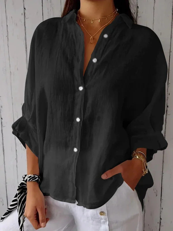 Women's Loose Fit Blouse with Roll-Up Sleeves and Classic Collar