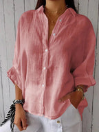 Women's Loose Fit Blouse with Roll-Up Sleeves and Classic Collar