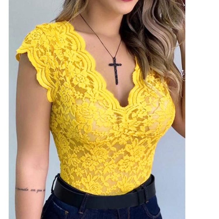 Women's Ruffle Lace Bodysuit – Plunging V-Neck Statement Sleeve Bodysuit