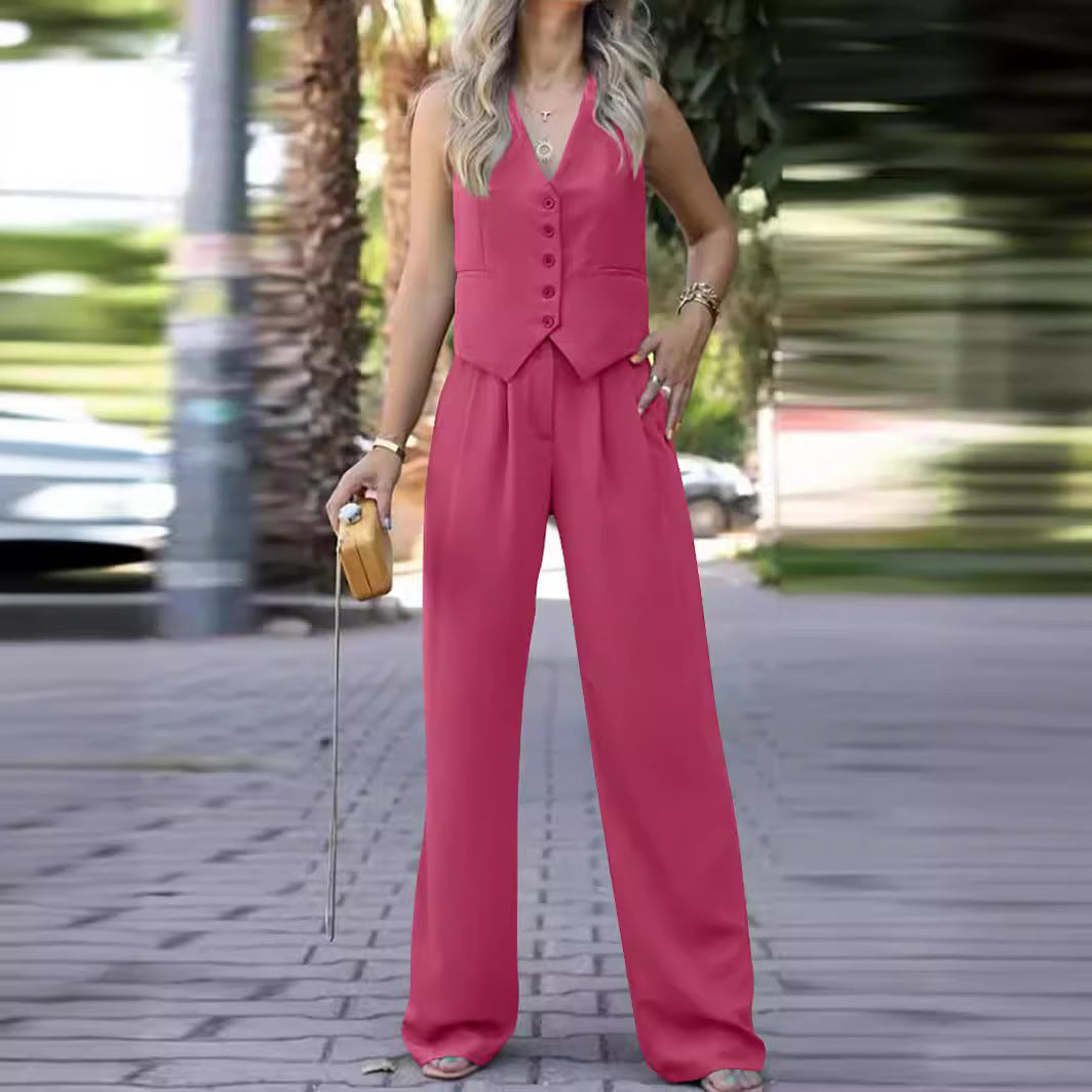 Women's V-Neck Waistcoat Pants Set – Sleeveless Vest & Wide Leg Trousers