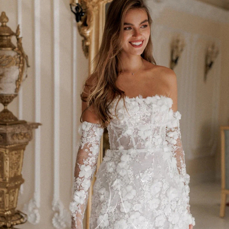 Women's Floral Wedding Dress – Sheer Sleeve Gown