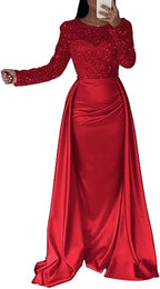 Women's Long Sleeve Glitter Gown – Flowing Sparkle Evening Dress