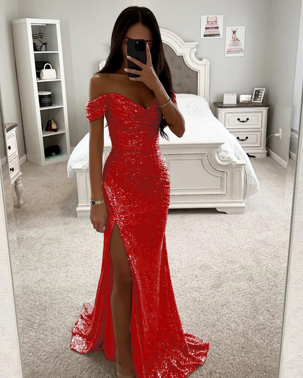 Women's Sequin Off-Shoulder Gown – Sparkle Side Slit Evening Dress