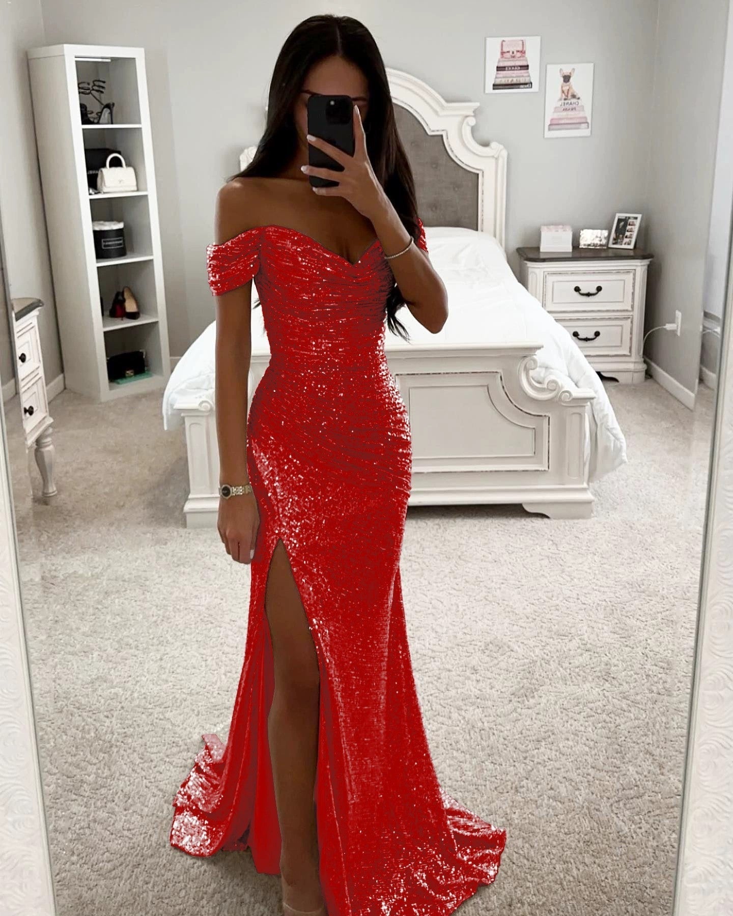 Women's Sequin Off-Shoulder Gown – Sparkle Side Slit Evening Dress
