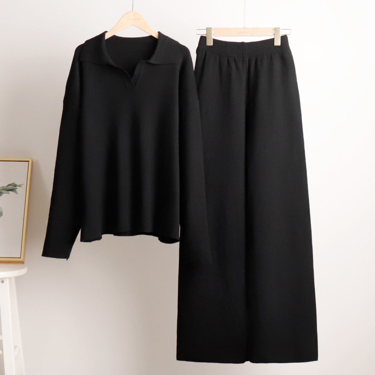 Women's Oversized Polo Sweater Set – Collared Sweater Wide Leg Pants Set