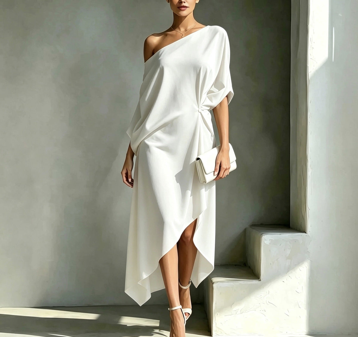Women's One Shoulder Draped Wedding Guest Dress – Asymmetrical Formal Occasion Dress