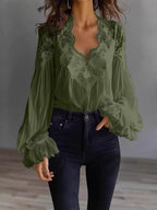 Women's Lace Blouse with Ruffle Sleeves and Flowing Fit