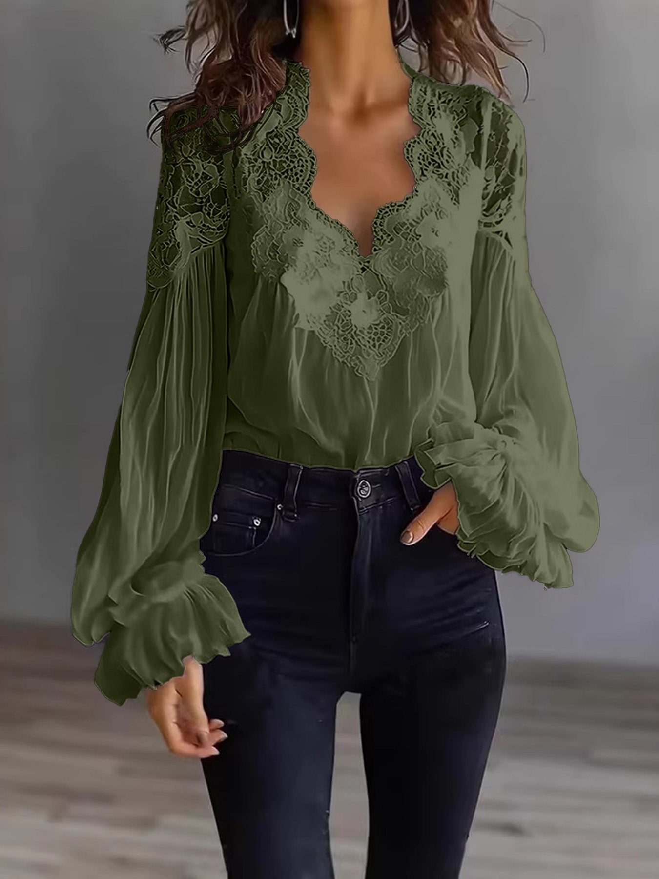 Women's Lace Blouse with Ruffle Sleeves and Flowing Fit