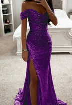 Women's Sequin Off-Shoulder Gown – Sparkle Side Slit Evening Dress
