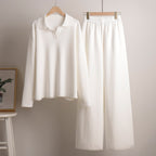 Women's Oversized Polo Sweater Set – Collared Sweater Wide Leg Pants Set