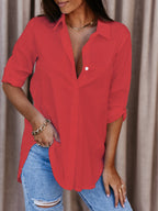 Women's Button Up Shirt with Chest Pocket and Roll-Up Sleeves