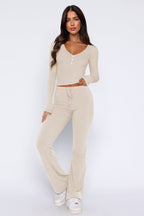 Women's Flared Pants Loungewear Set – Button Detail Crop Top Two Piece Set