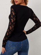 Women's Sheer Sleeve Lace Bodysuit – Floral V-Neck Fitted Bodysuit