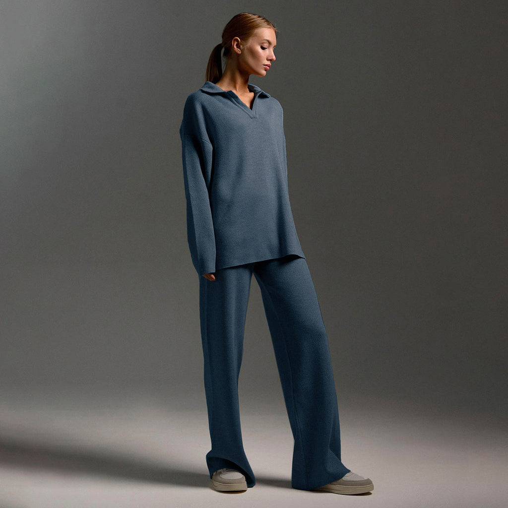 Women's Oversized Polo Sweater Set – Collared Sweater Wide Leg Pants Set