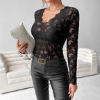 Women's Floral Lace Long Sleeve Bodysuit – Romantic V-Neck Fitted Bodysuit