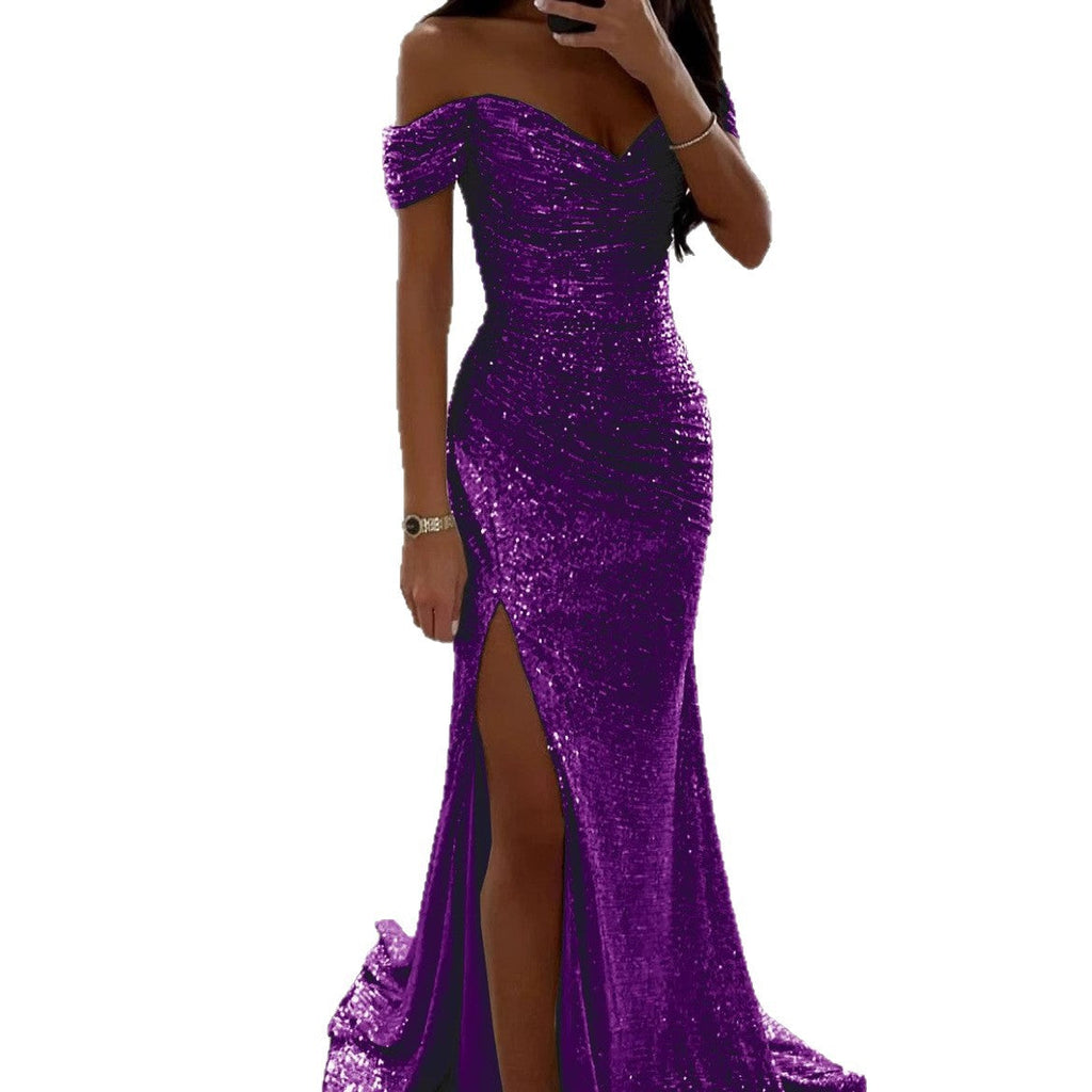 Women's Sequin Off-Shoulder Gown – Sparkle Side Slit Evening Dress